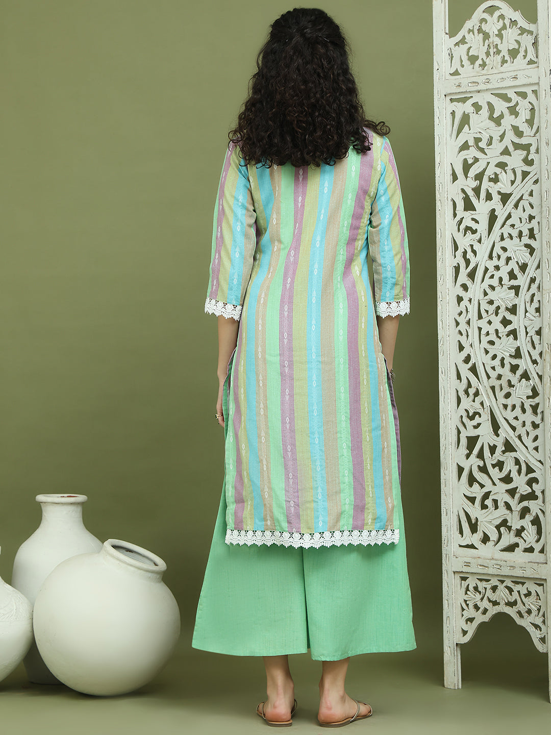 Lace Work, Woven Design straight Kurtas for Women ( JOK 1589 Green )