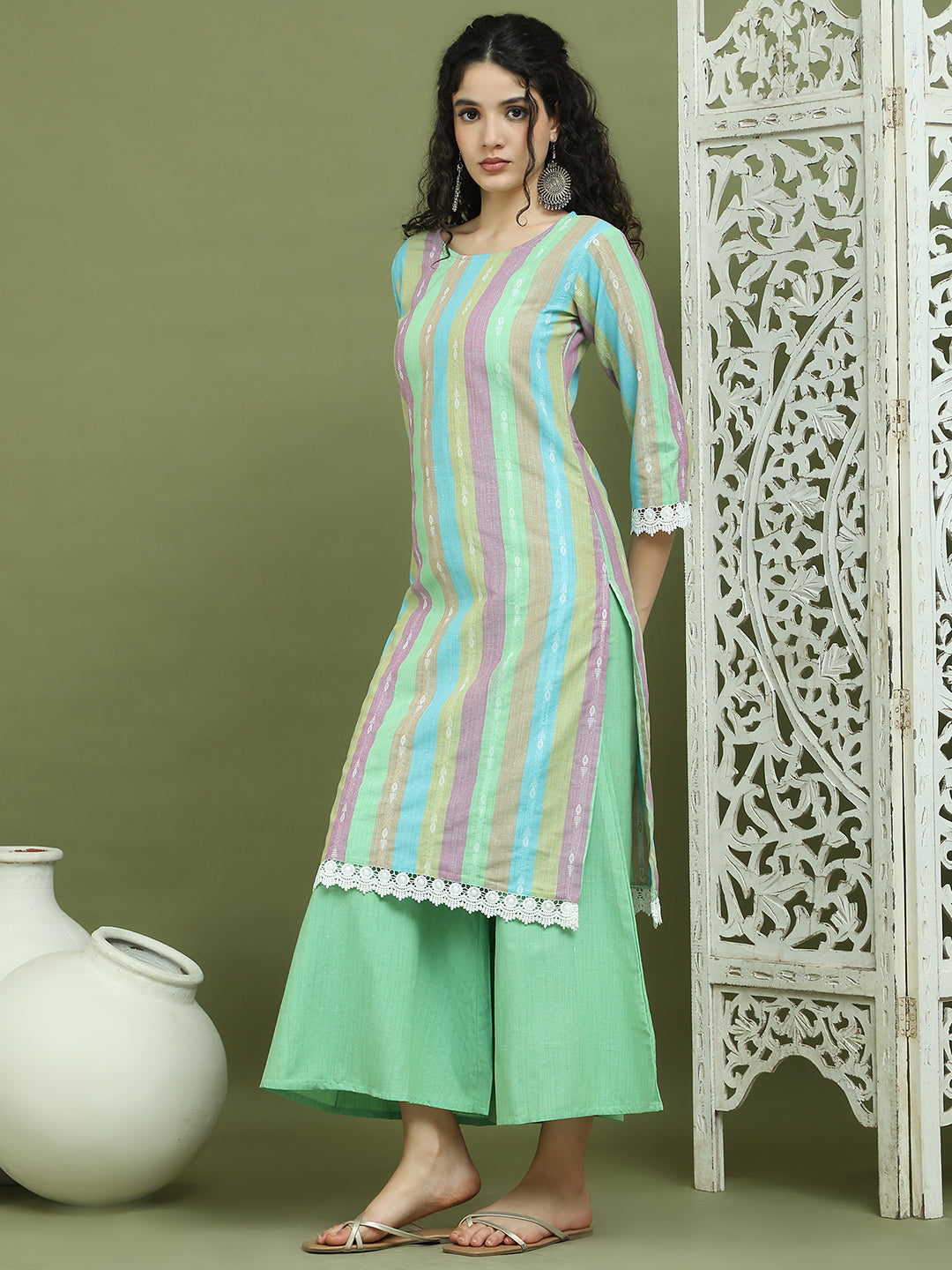 Lace Work, Woven Design straight Kurtas for Women ( JOK 1589 Green )