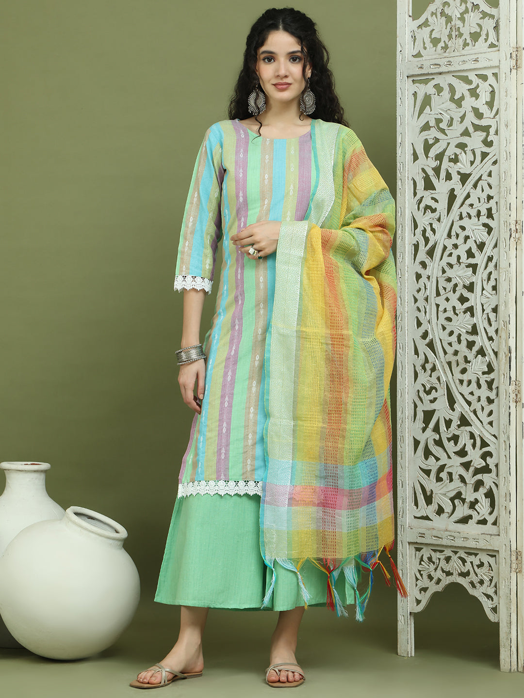 Lace Work, Woven Design straight Kurta Palazzo Dupatta Set ( JOKPL 2138G D70Mul 1589 Green )