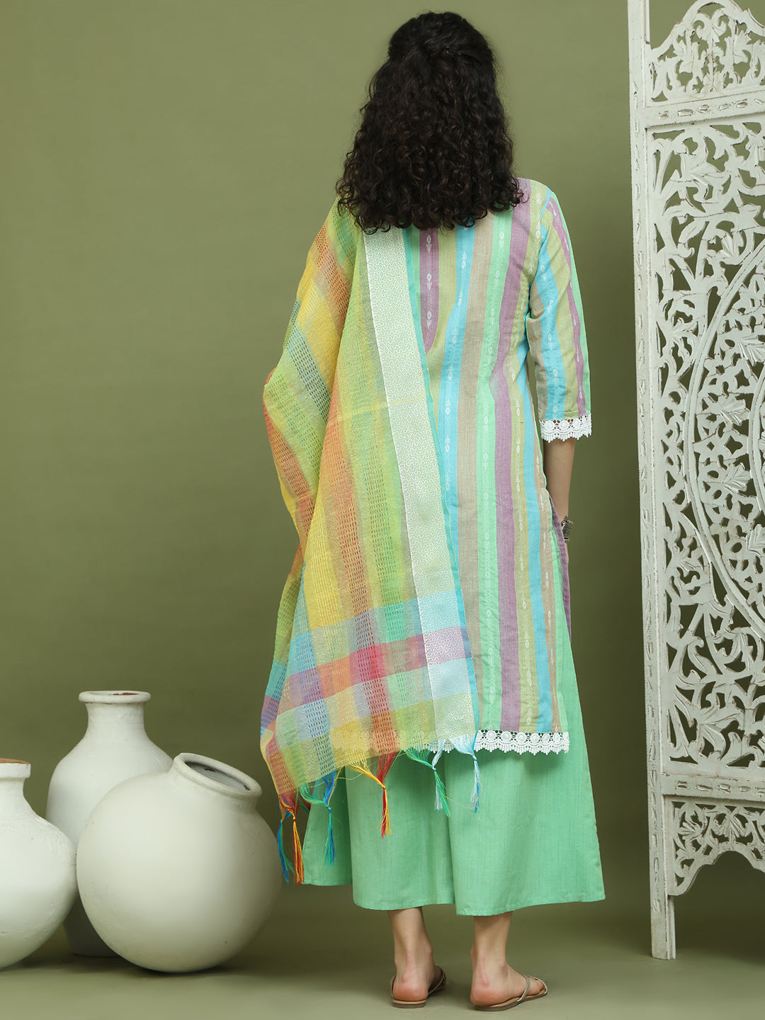 Lace Work, Woven Design straight Kurta Palazzo Dupatta Set ( JOKPL 2138G D70Mul 1589 Green )