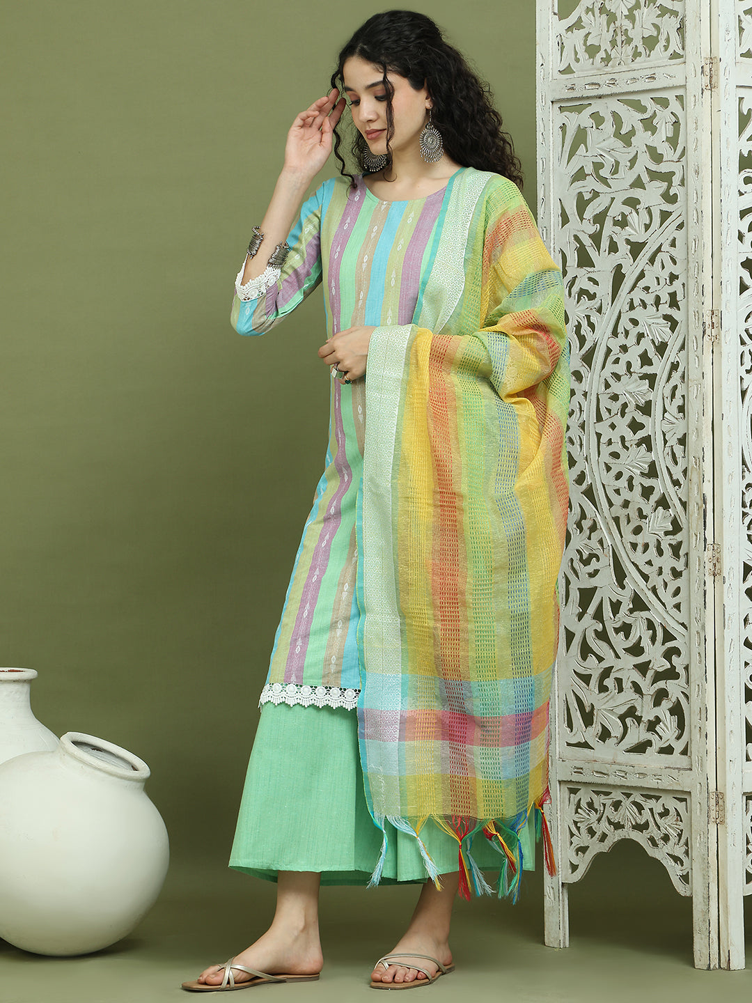 Lace Work, Woven Design straight Kurta Palazzo Dupatta Set ( JOKPL 2138G D70Mul 1589 Green )