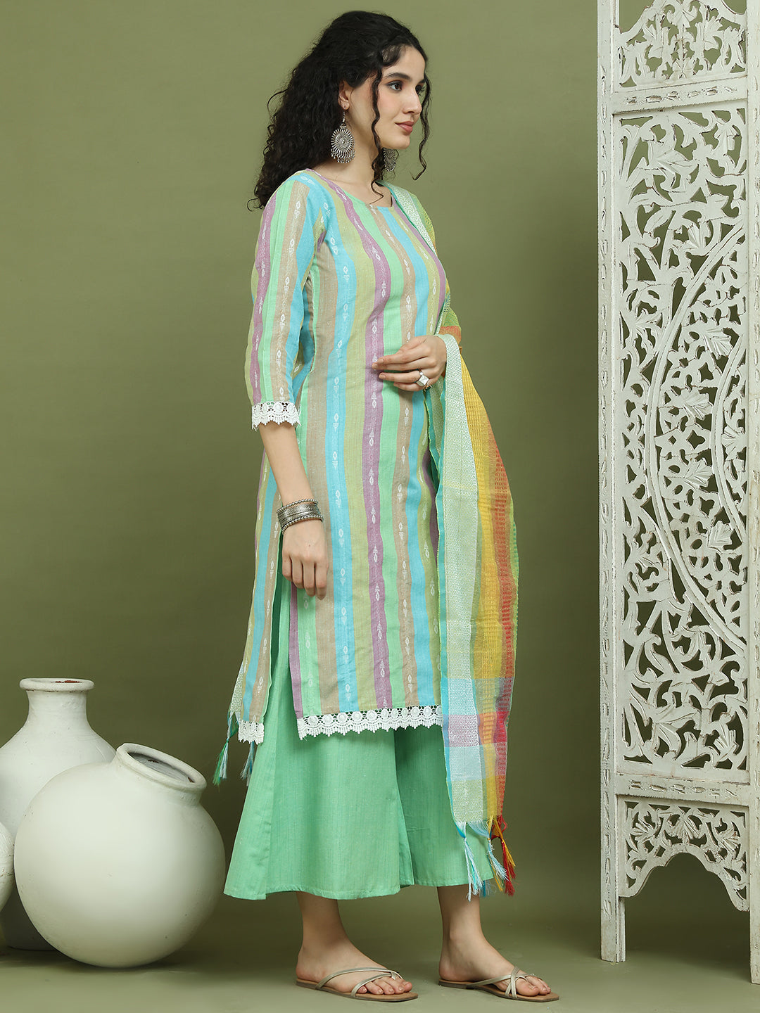 Lace Work, Woven Design straight Kurta Palazzo Dupatta Set ( JOKPL 2138G D70Mul 1589 Green )