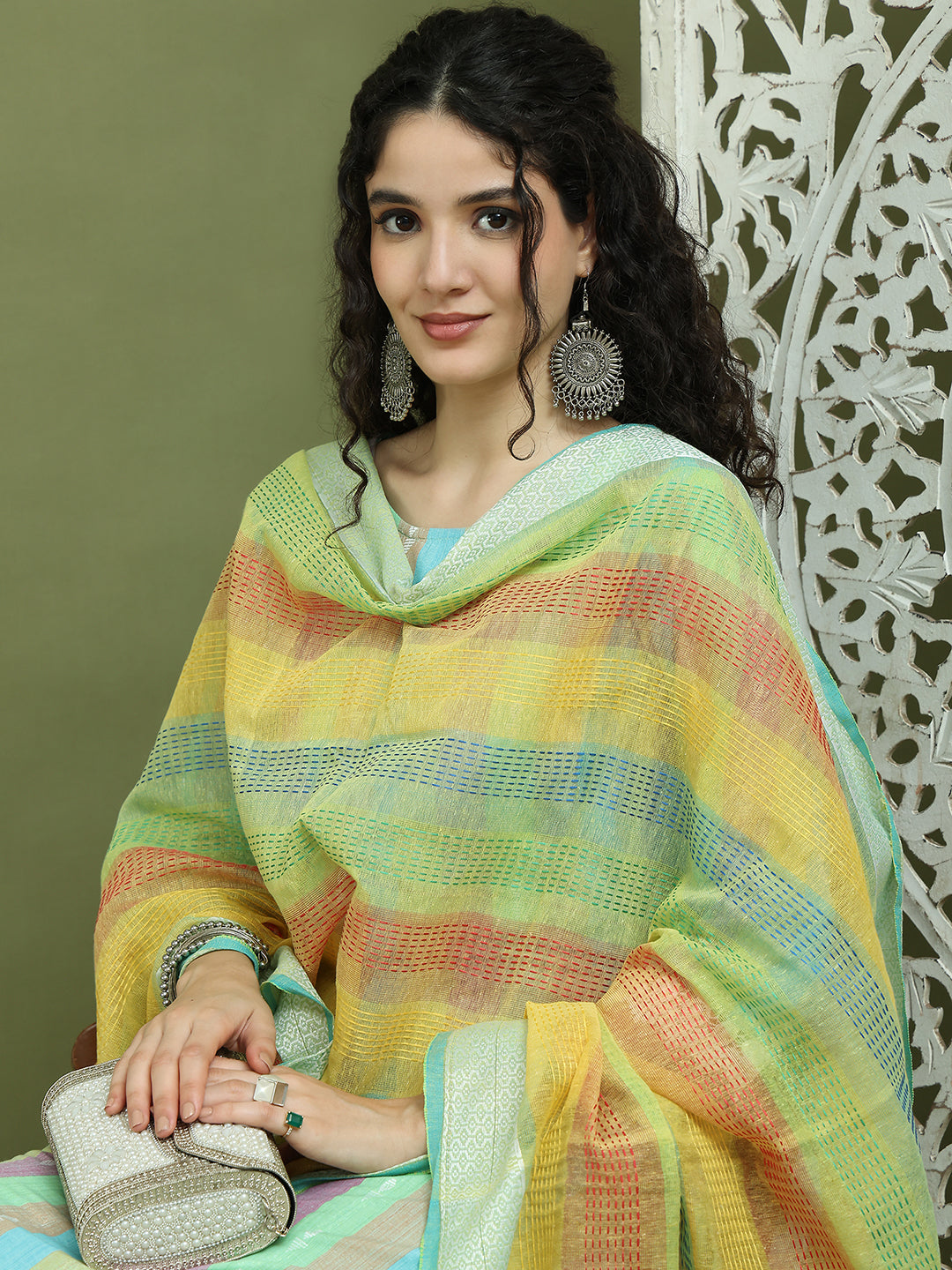 Lace Work, Woven Design straight Kurta Palazzo Dupatta Set ( JOKPL 2138G D70Mul 1589 Green )