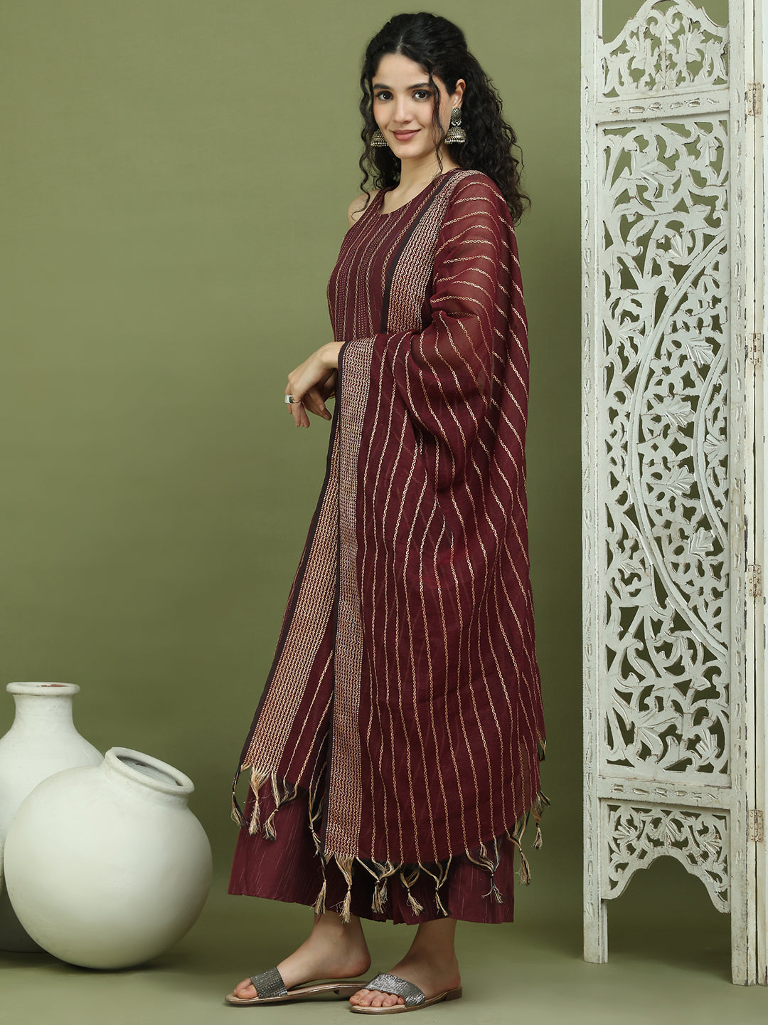 Woven Design straight Kurta Palazzo With Dupatta ( JOKPL D68M 1587 Maroon )