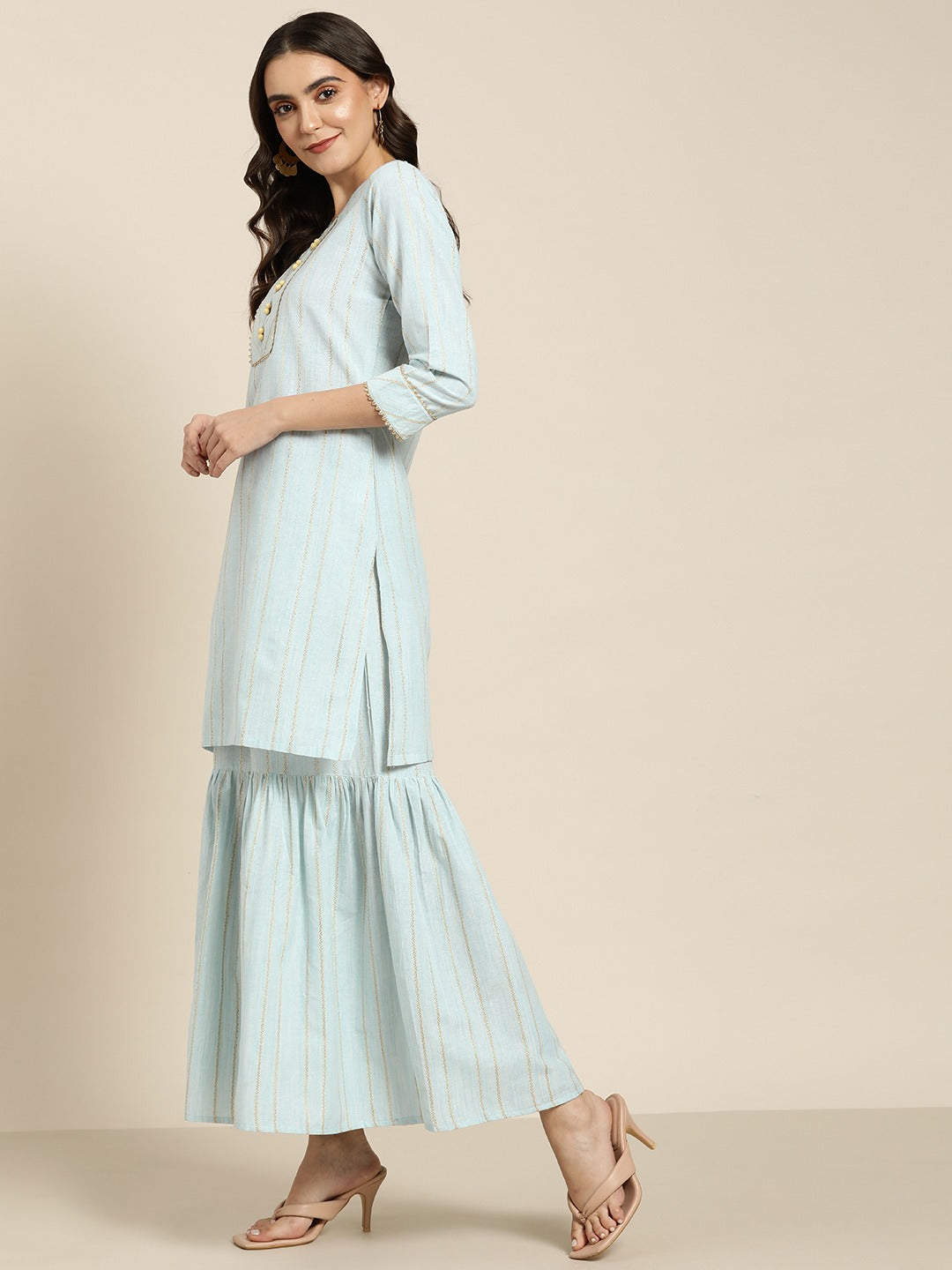 Women Turquoise Blue Woven Design Gotta Patti Kurta with Sharara & Dupatta ( JOKPS D20F 1438 Firozi )
