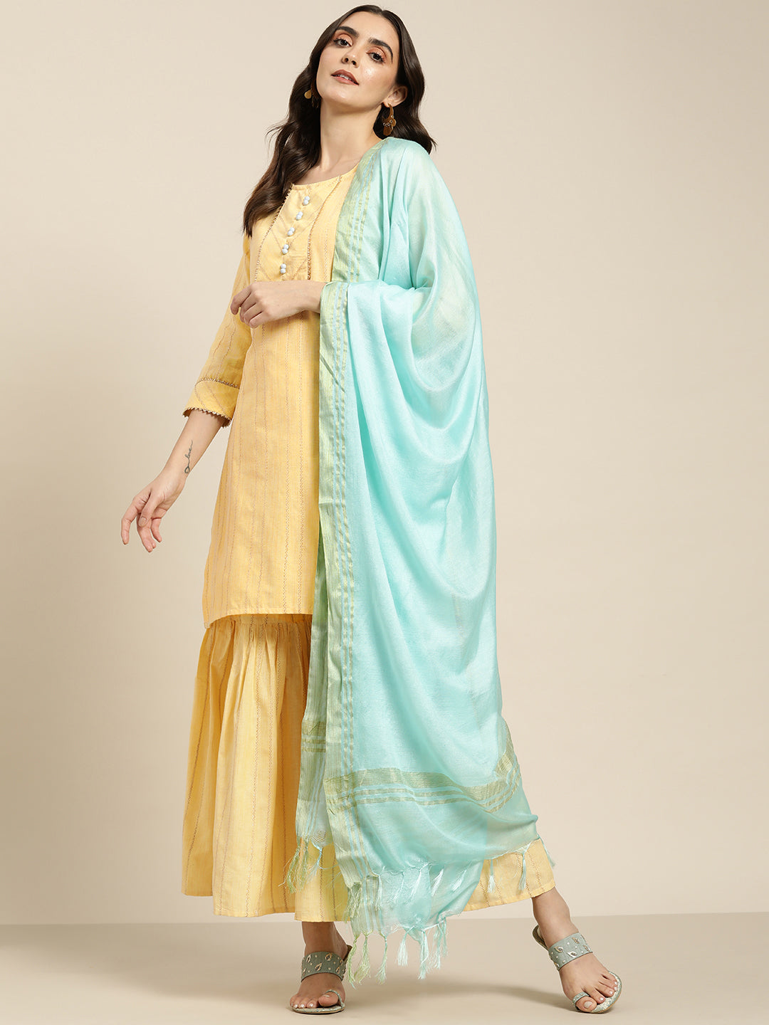 Women Yellow Woven Design Gotta Patti Kurta with Sharara & Dupatta ( JOKPS D20F 1438 Yellow )