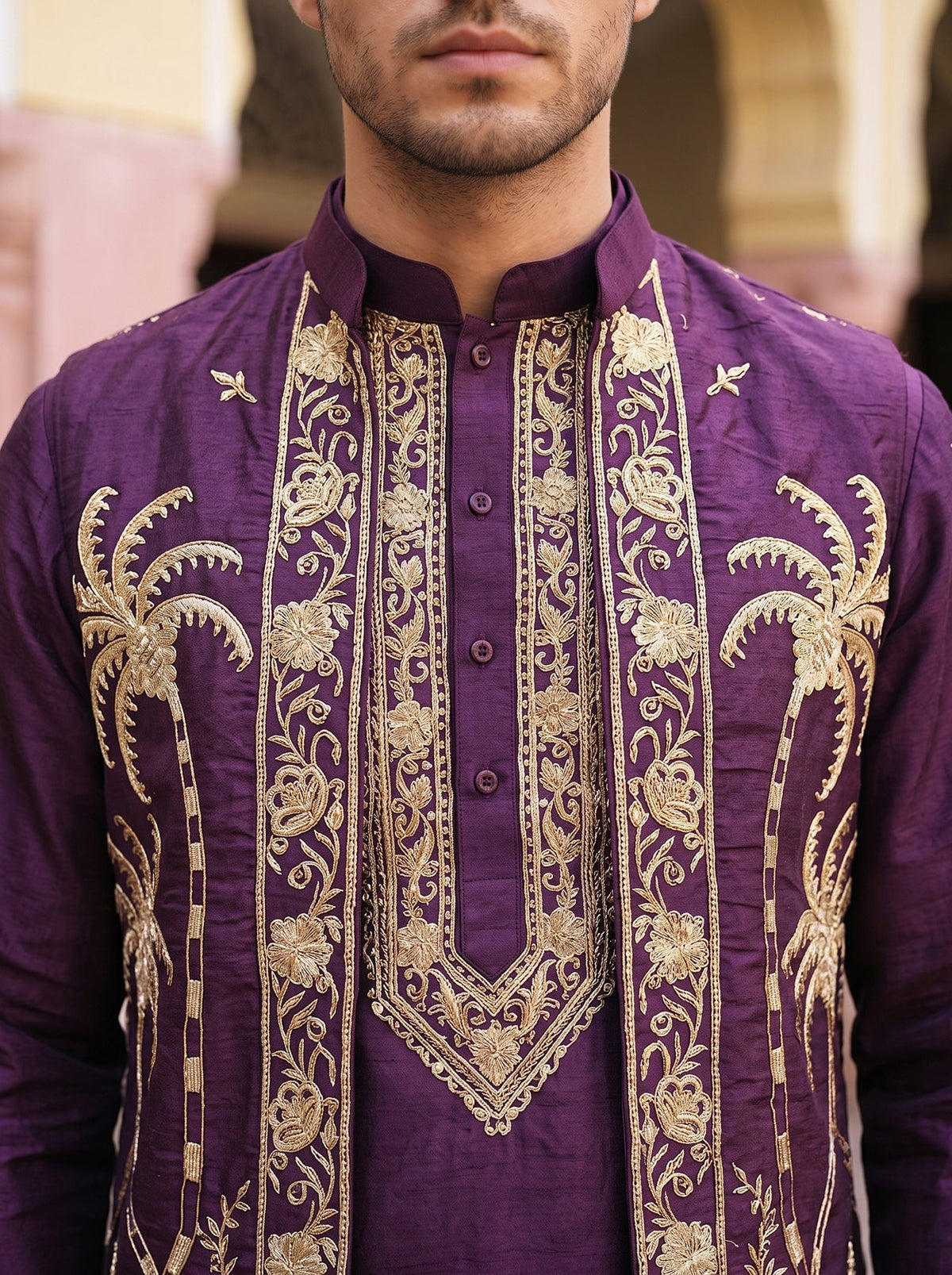 Men's Embroidered Waistcoat and Kurta Pyjama. ( JOKPWCS 5080Purple )