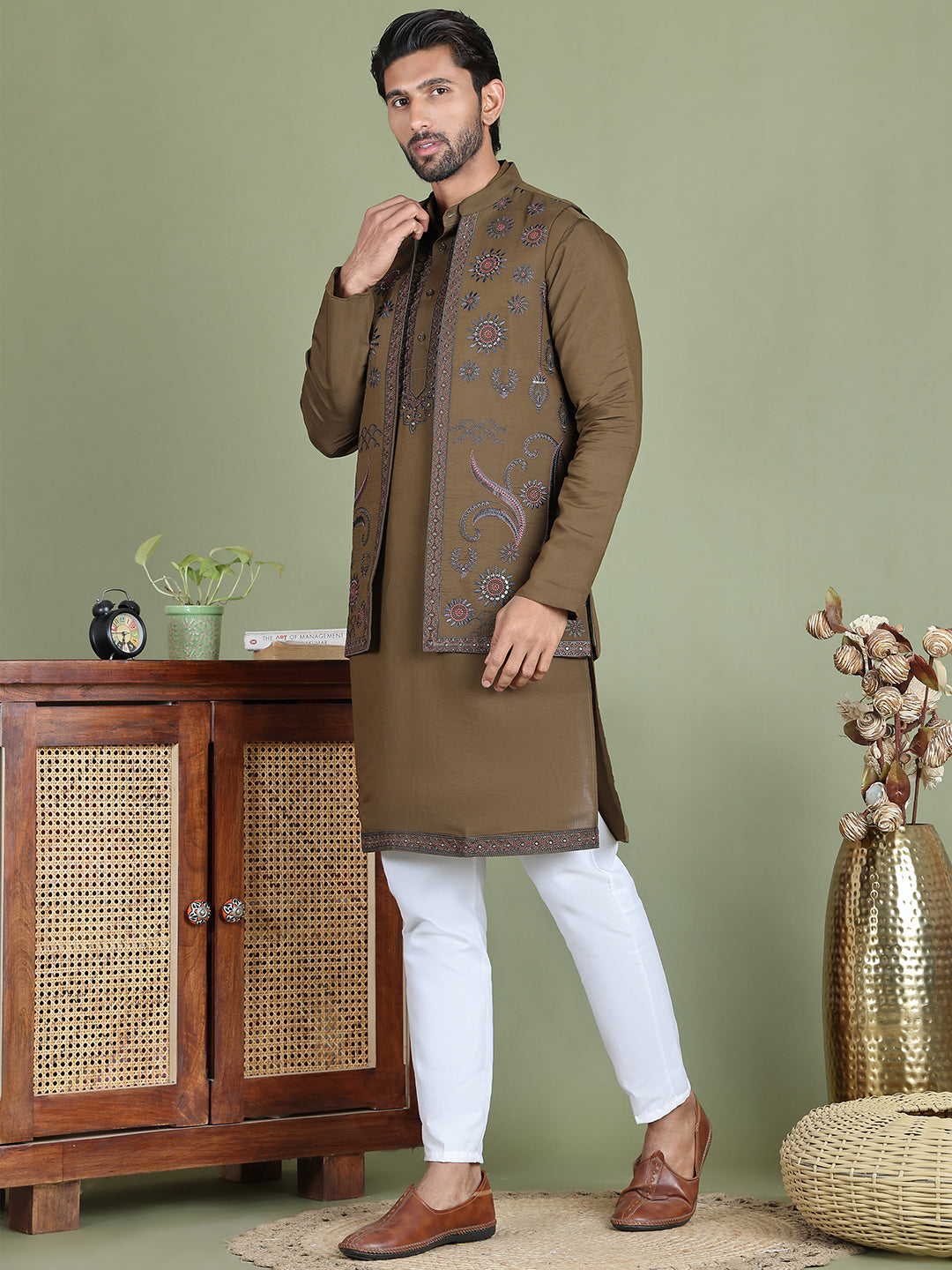 Embroidered Waistcoat & Solid Kurta Pyjama For Men ( JOKPWCS 5105Olive )