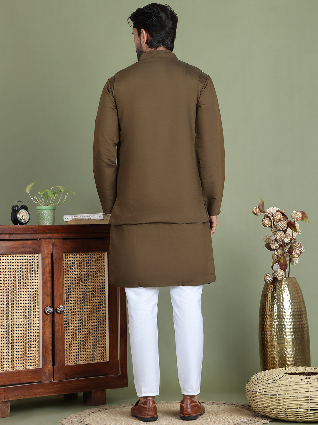 Embroidered Waistcoat & Solid Kurta Pyjama For Men ( JOKPWCS 5105Olive )
