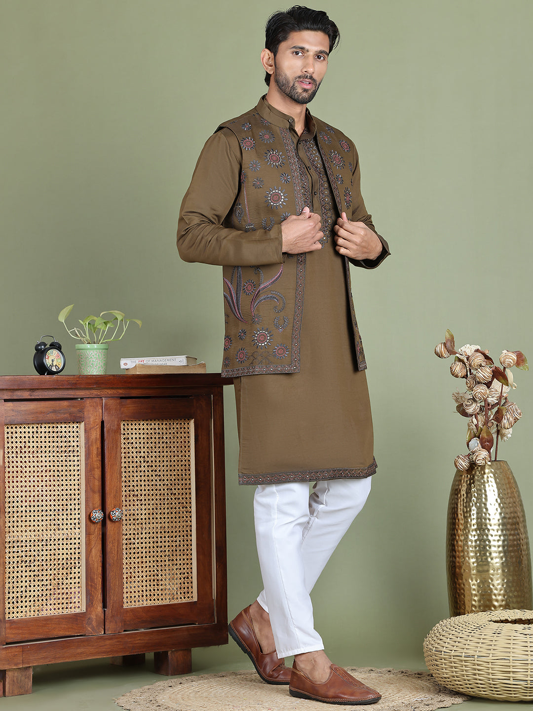 Embroidered Waistcoat & Solid Kurta Pyjama For Men ( JOKPWCS 5105Olive )