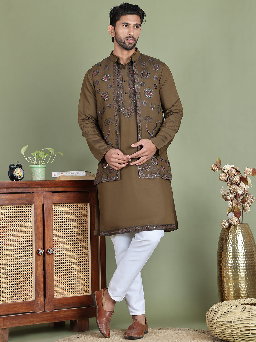 Embroidered Waistcoat & Solid Kurta Pyjama For Men ( JOKPWCS 5105Olive )
