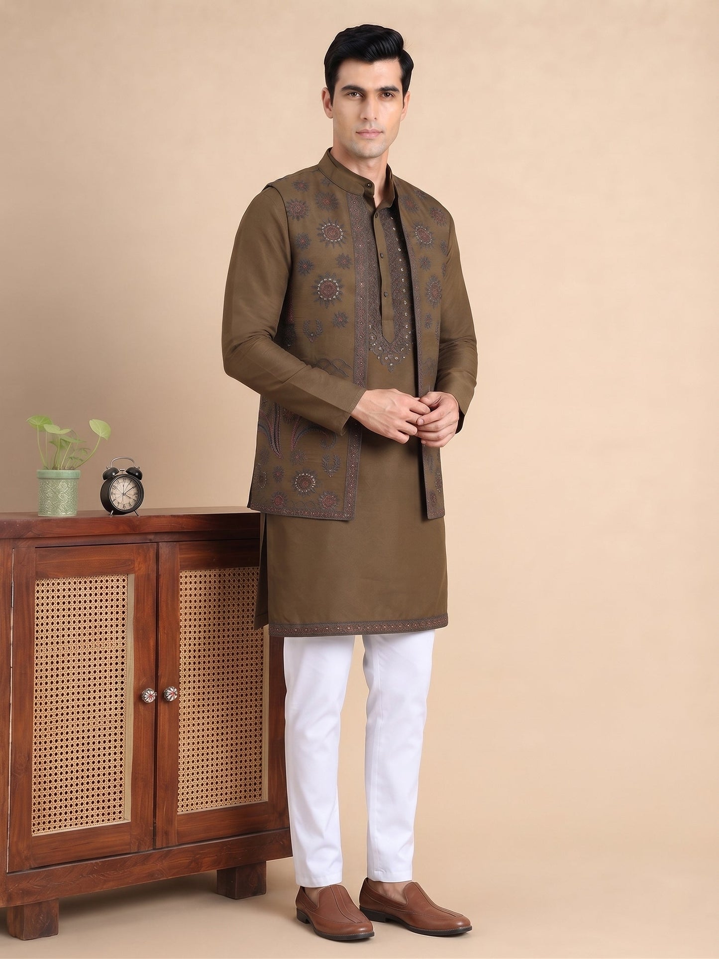 Embroidered Waistcoat & Solid Kurta Pyjama For Men