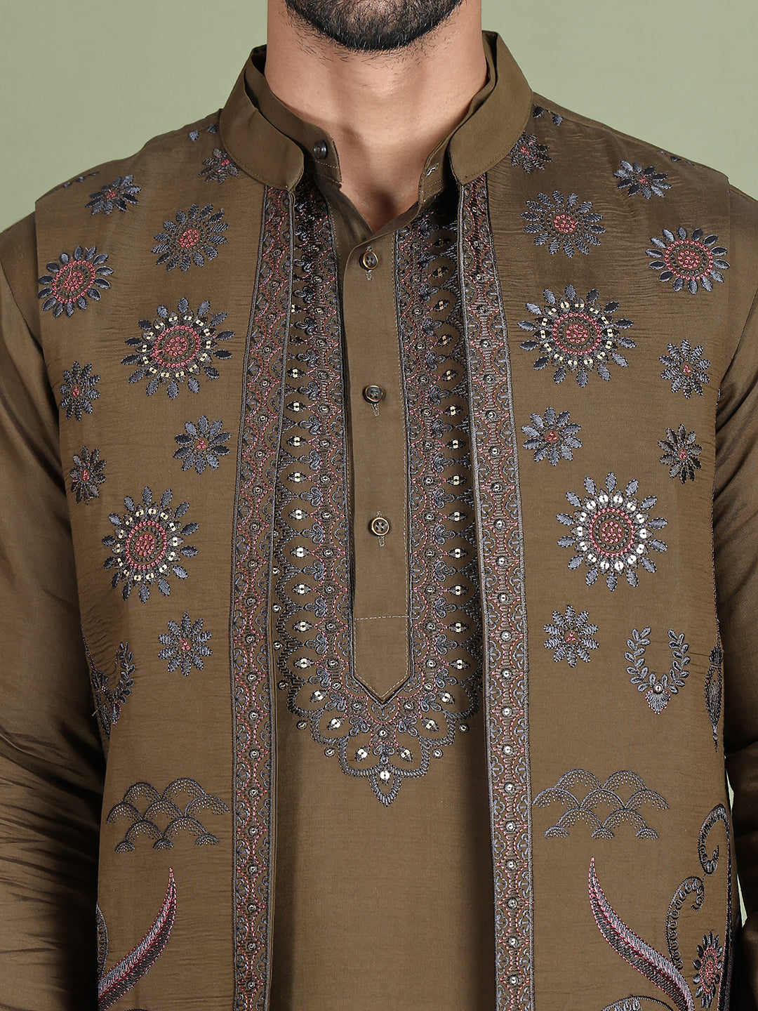 Embroidered Waistcoat & Solid Kurta Pyjama For Men ( JOKPWCS 5105Olive )