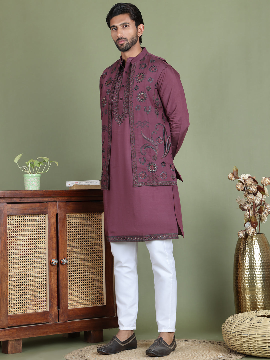 Embroidered Waistcoat & Solid Kurta Pyjama For Men ( JOKPWCS 5105Purple )