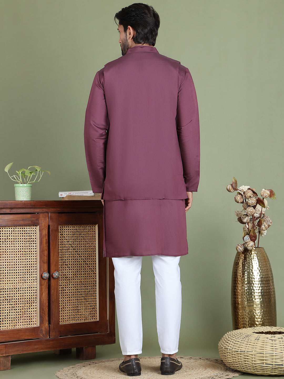 Embroidered Waistcoat & Solid Kurta Pyjama For Men ( JOKPWCS 5105Purple )