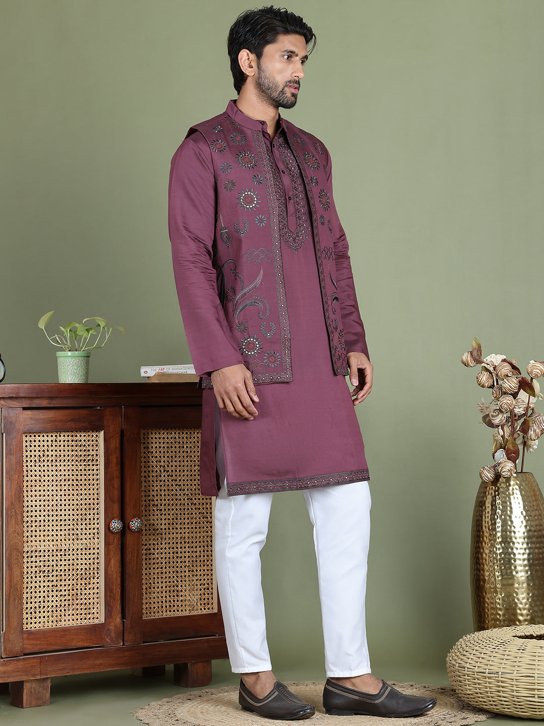 Embroidered Waistcoat & Solid Kurta Pyjama For Men ( JOKPWCS 5105Purple )
