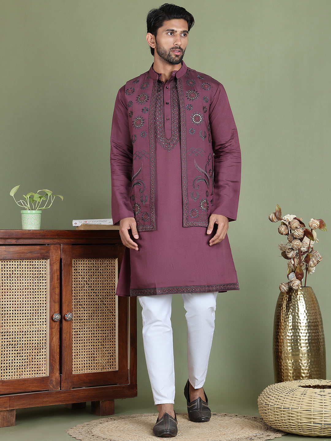 Embroidered Waistcoat & Solid Kurta Pyjama For Men ( JOKPWCS 5105Purple )