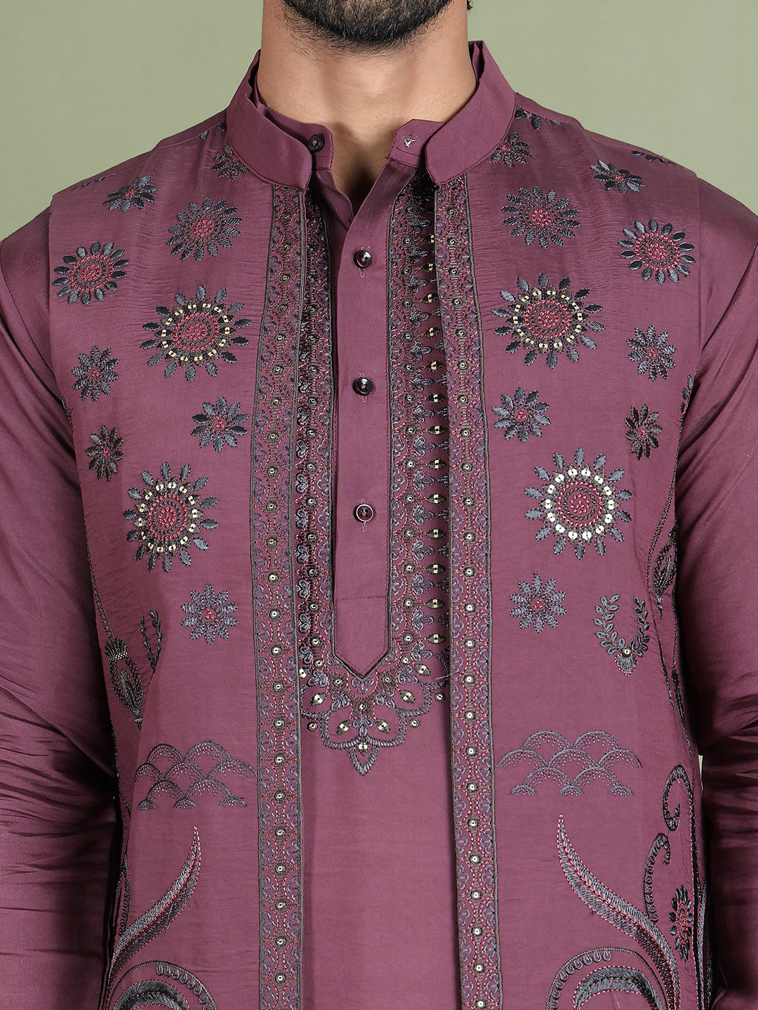 Embroidered Waistcoat & Solid Kurta Pyjama For Men ( JOKPWCS 5105Purple )