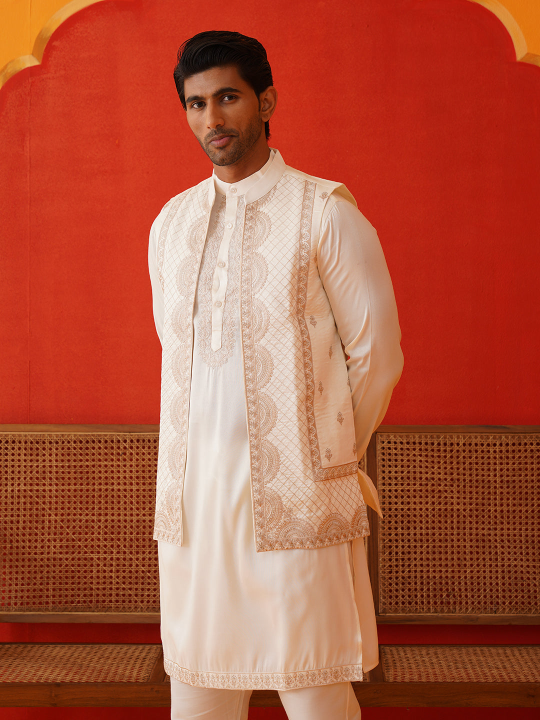 Embroidered Waistcoat & Solid Kurta Pyjama For Men ( JOKPWCS 5106Off-White )