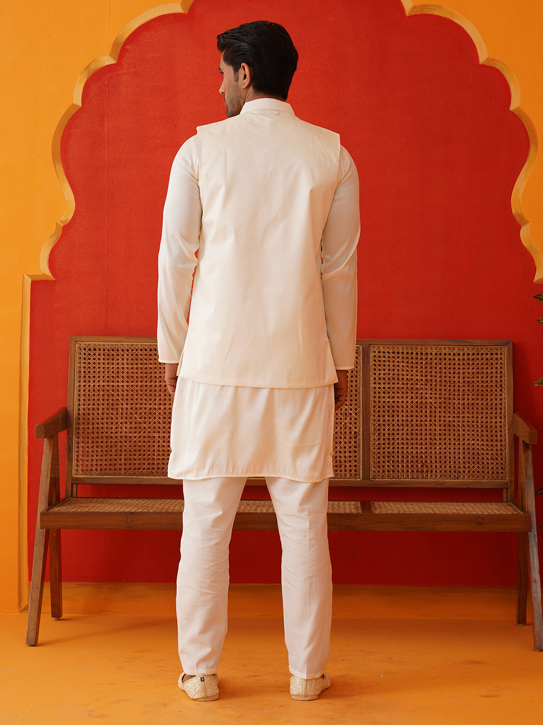 Embroidered Waistcoat & Solid Kurta Pyjama For Men ( JOKPWCS 5106Off-White )