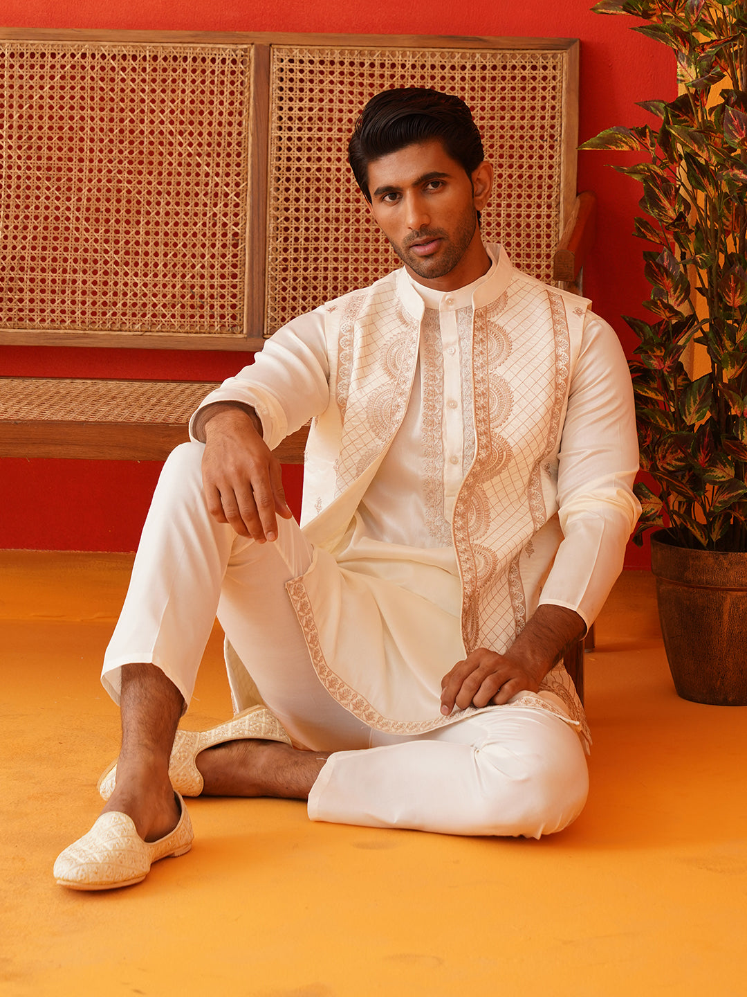 Embroidered Waistcoat & Solid Kurta Pyjama For Men ( JOKPWCS 5106Off-White )