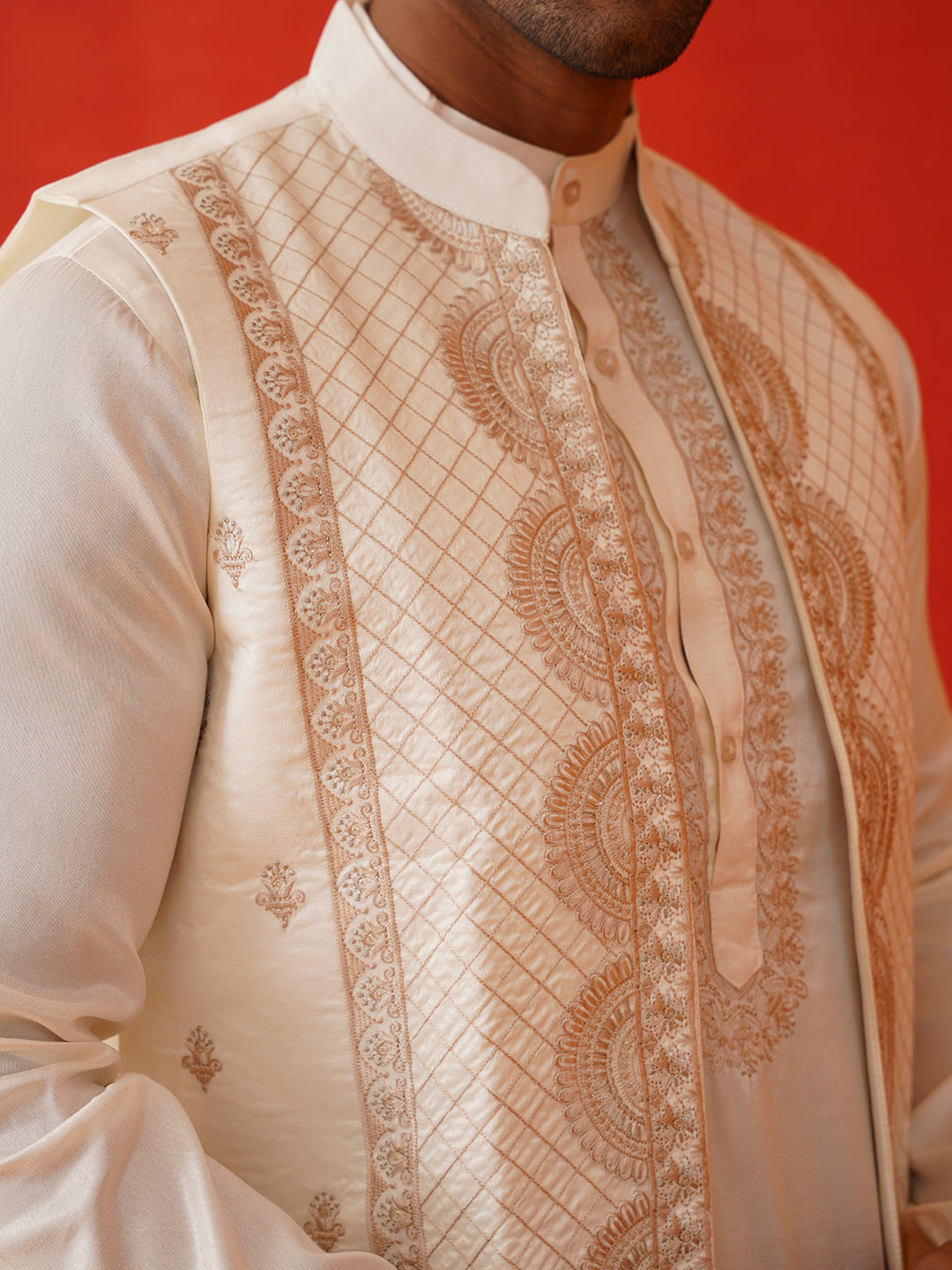 Embroidered Waistcoat & Solid Kurta Pyjama For Men ( JOKPWCS 5106Off-White )