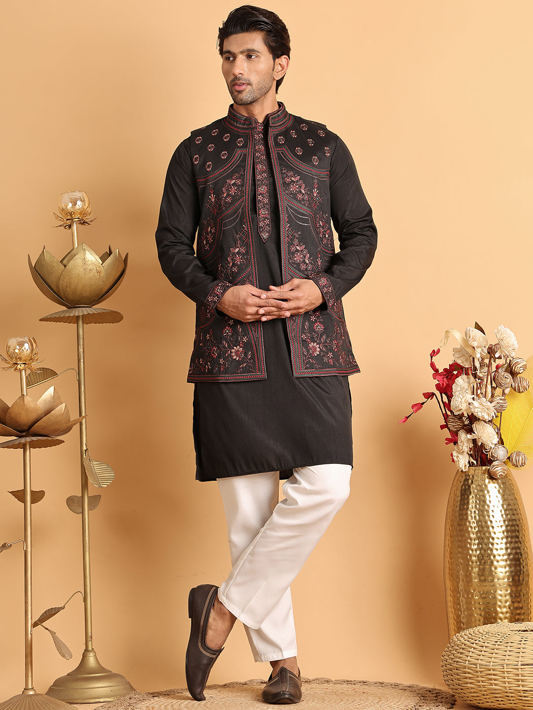 Embroidered Waistcoat and Kurta Pyjama For Men ( JOKPWCS 5114Black )