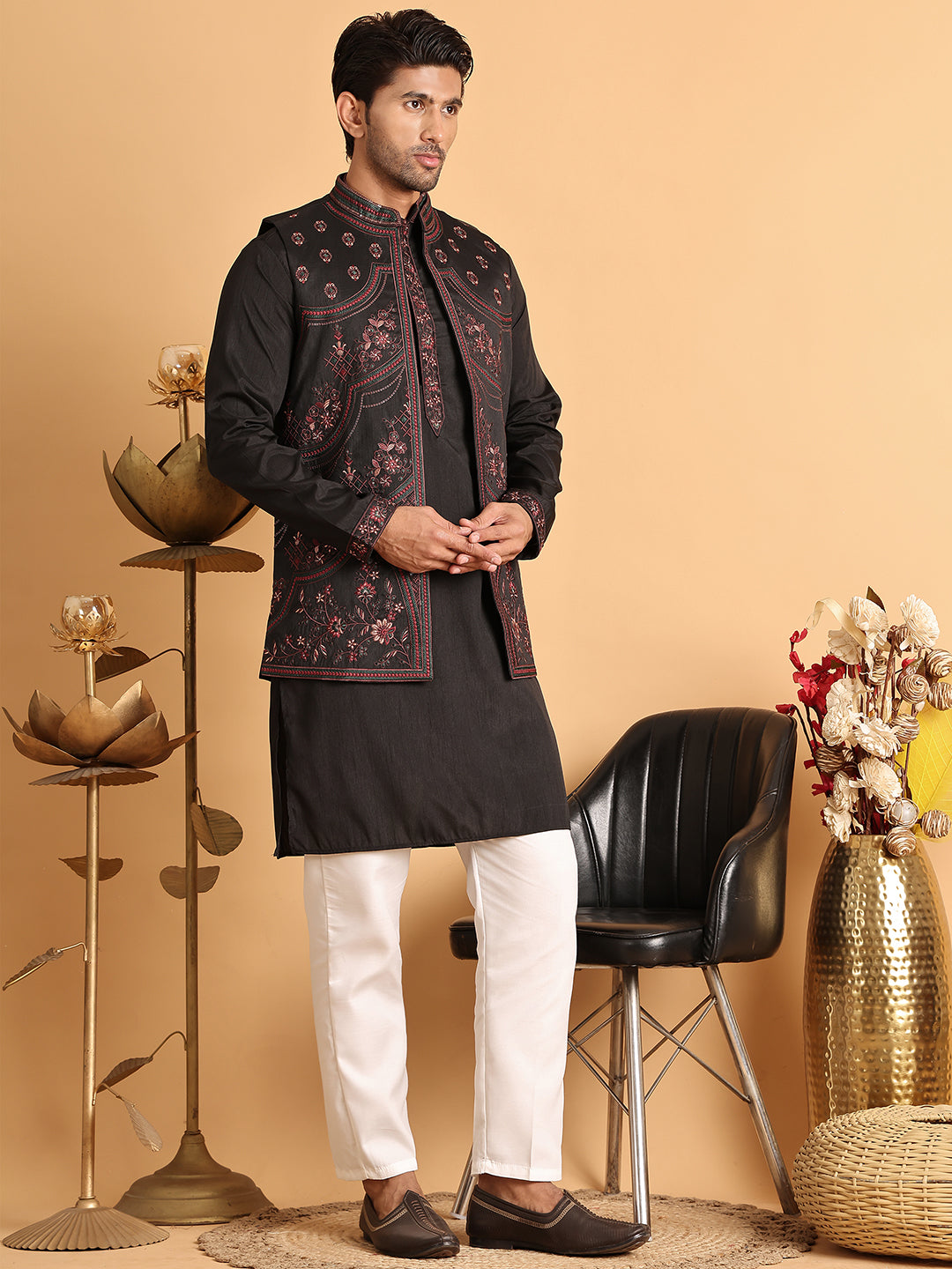 Embroidered Waistcoat and Kurta Pyjama For Men ( JOKPWCS 5114Black )