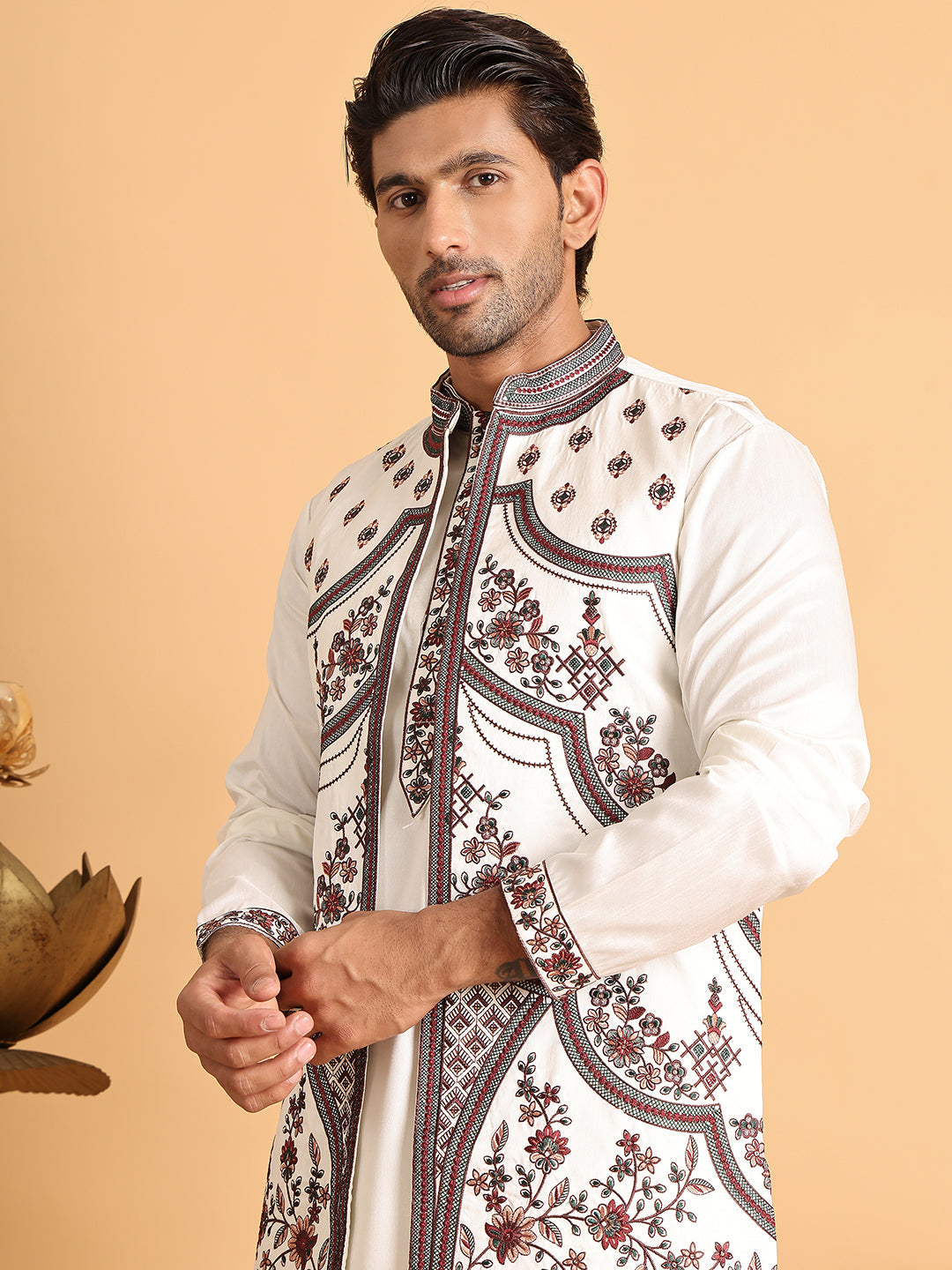 Embroidered Waistcoat and Kurta Pyjama For Men ( JOKPWCS 5114White )