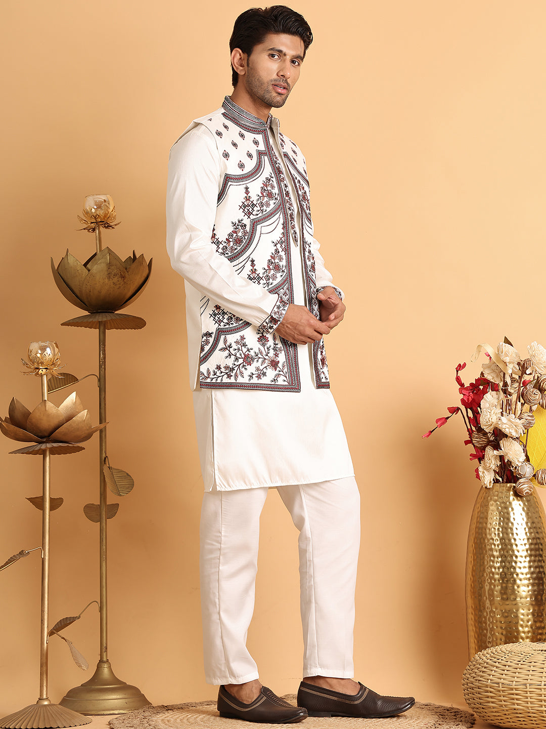 Embroidered Waistcoat and Kurta Pyjama For Men ( JOKPWCS 5114White )