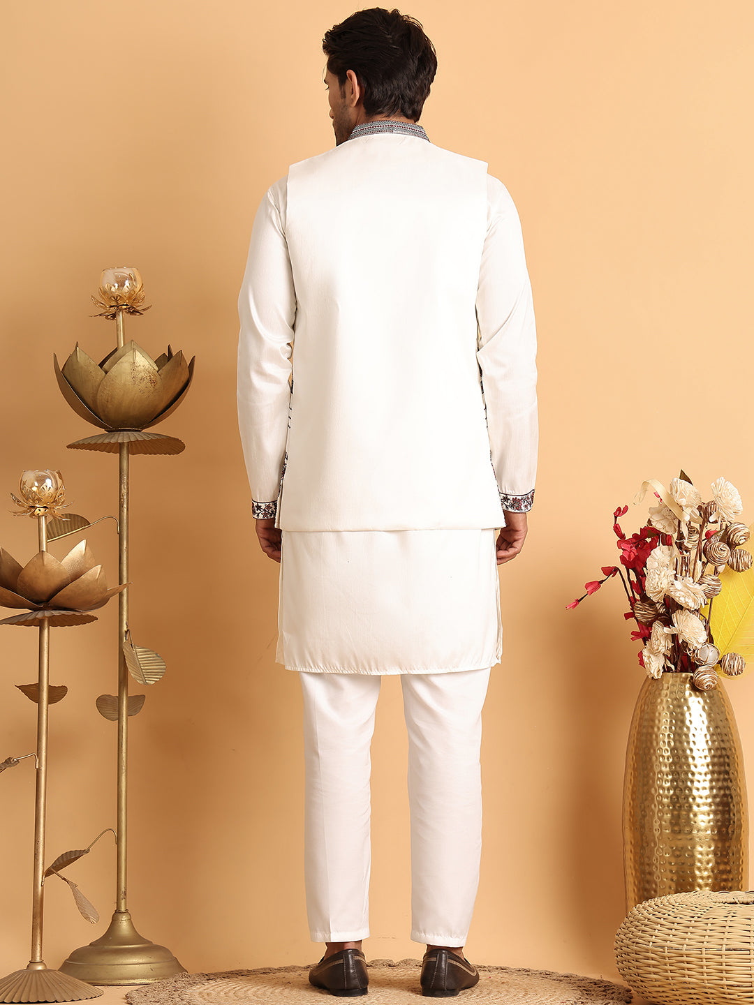 Embroidered Waistcoat and Kurta Pyjama For Men ( JOKPWCS 5114White )