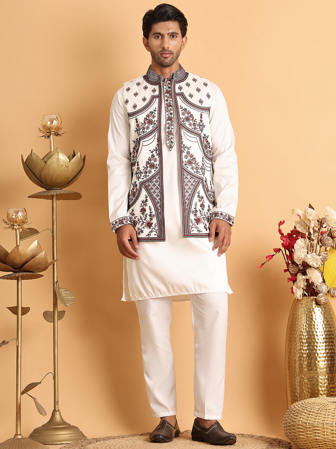 Embroidered Waistcoat and Kurta Pyjama For Men ( JOKPWCS 5114White )