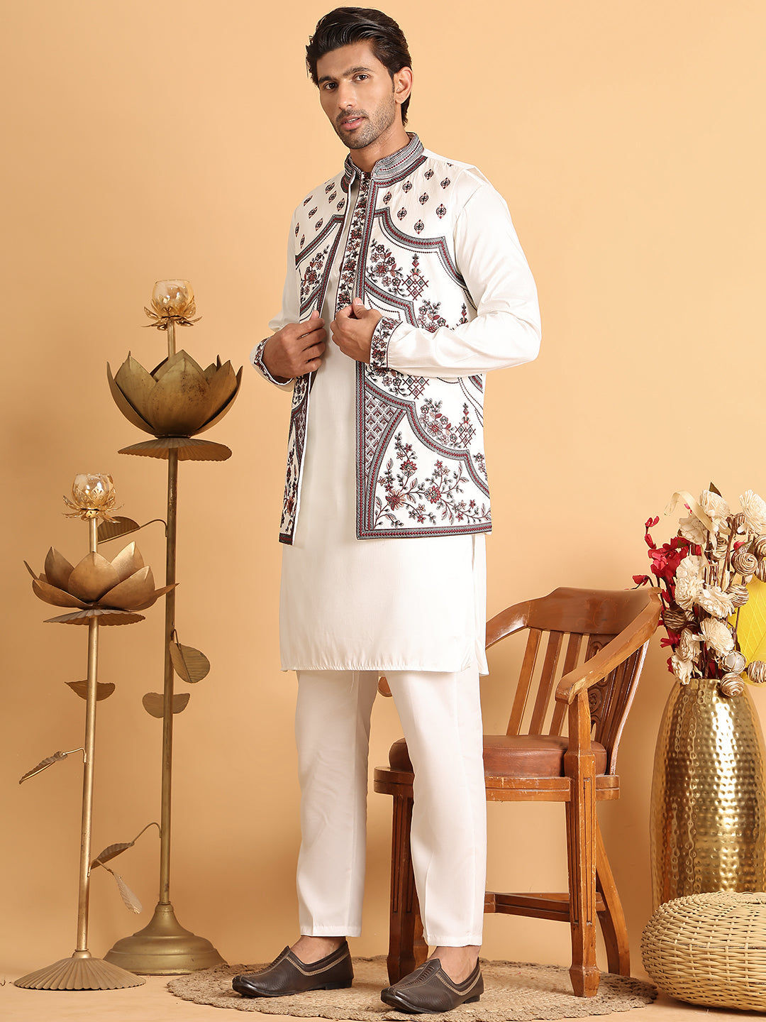 Embroidered Waistcoat and Kurta Pyjama For Men ( JOKPWCS 5114White )