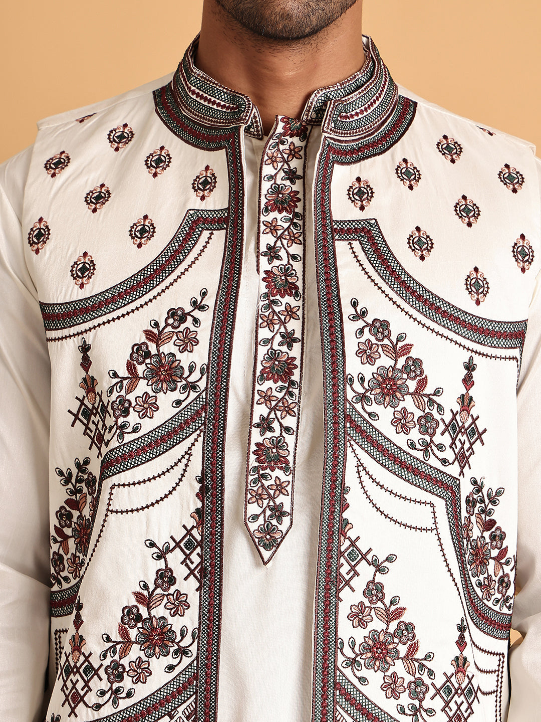 Embroidered Waistcoat and Kurta Pyjama For Men ( JOKPWCS 5114White )