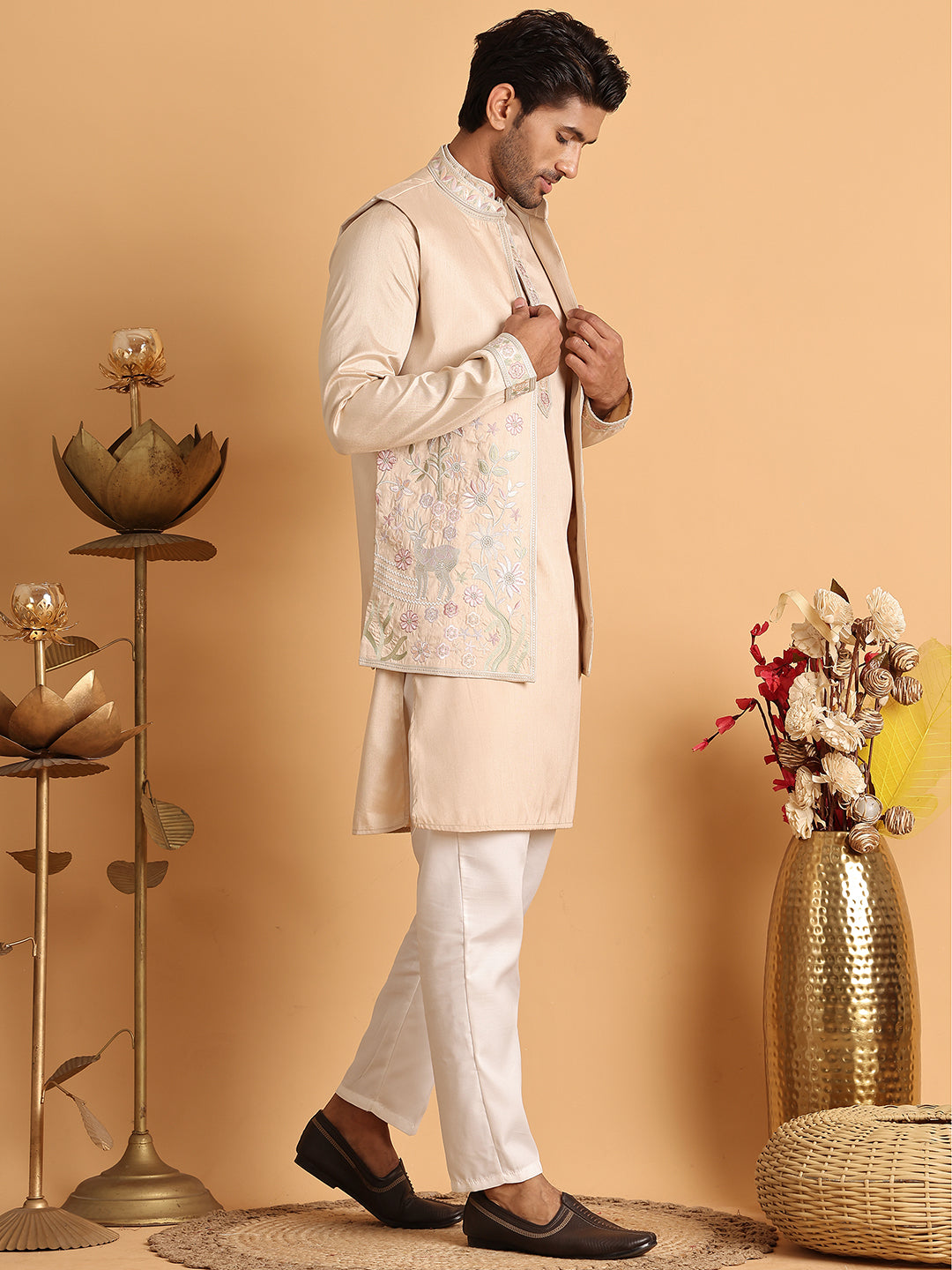 Embroidered Waistcoat and Kurta Pyjama For Men ( JOKPWCS 5115Cream )