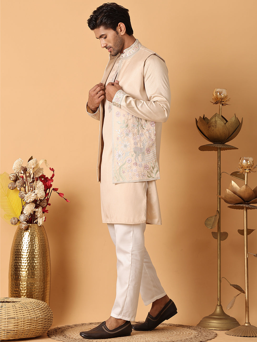 Embroidered Waistcoat and Kurta Pyjama For Men ( JOKPWCS 5115Cream )