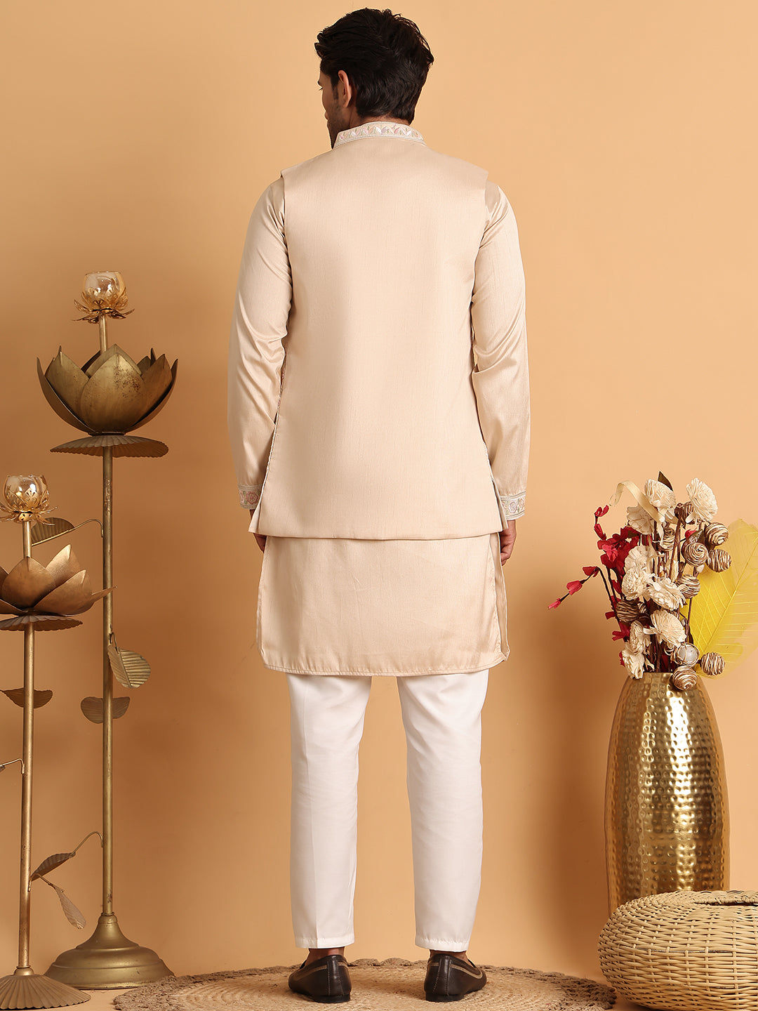 Embroidered Waistcoat and Kurta Pyjama For Men ( JOKPWCS 5115Cream )