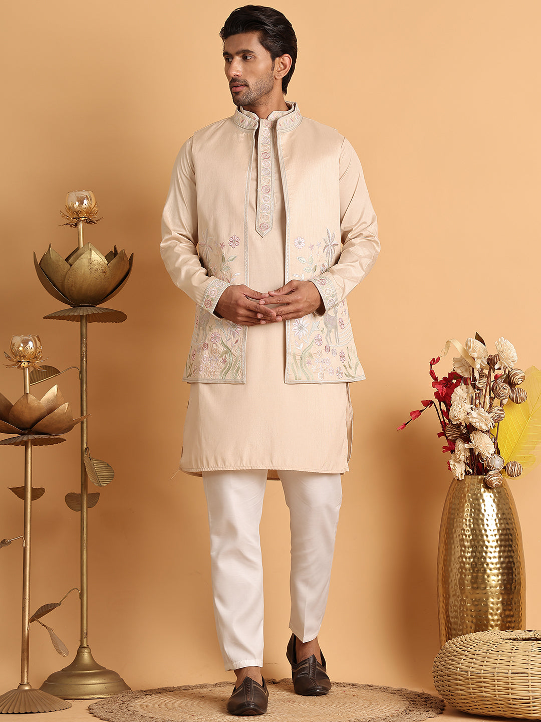 Embroidered Waistcoat and Kurta Pyjama For Men ( JOKPWCS 5115Cream )