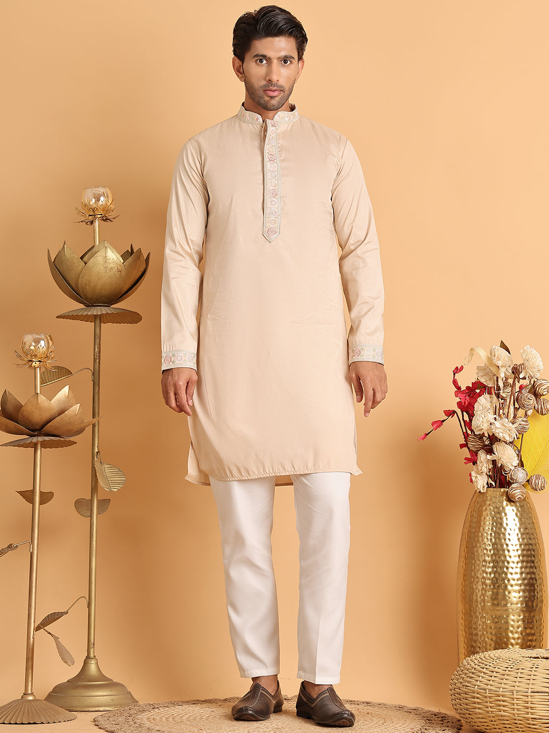 Embroidered Waistcoat and Kurta Pyjama For Men ( JOKPWCS 5115Cream )