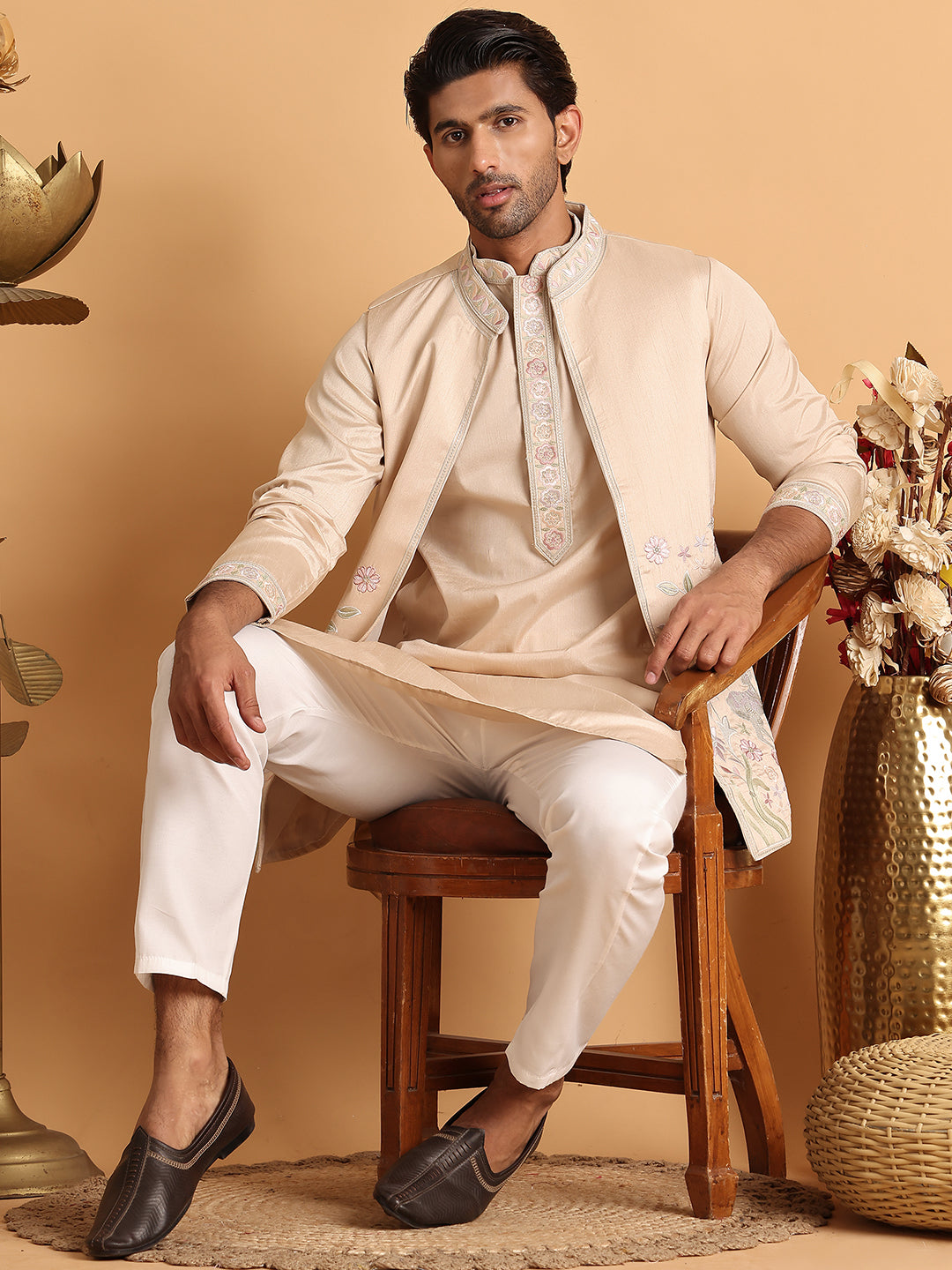 Embroidered Waistcoat and Kurta Pyjama For Men ( JOKPWCS 5115Cream )