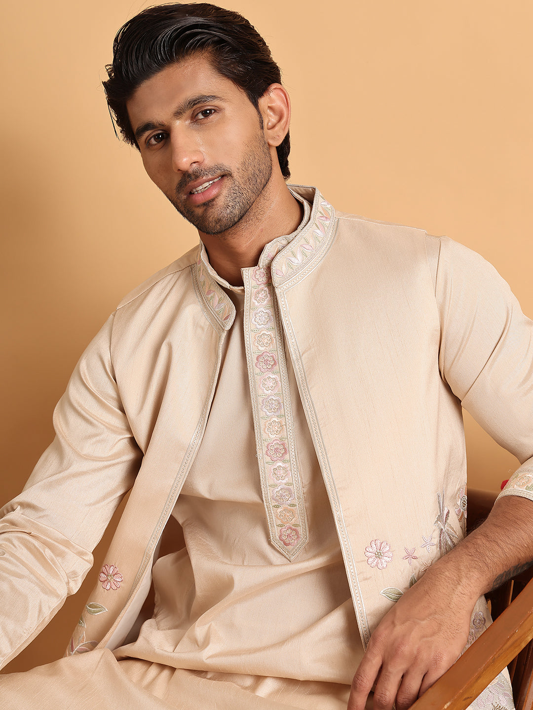 Embroidered Waistcoat and Kurta Pyjama For Men ( JOKPWCS 5115Cream )