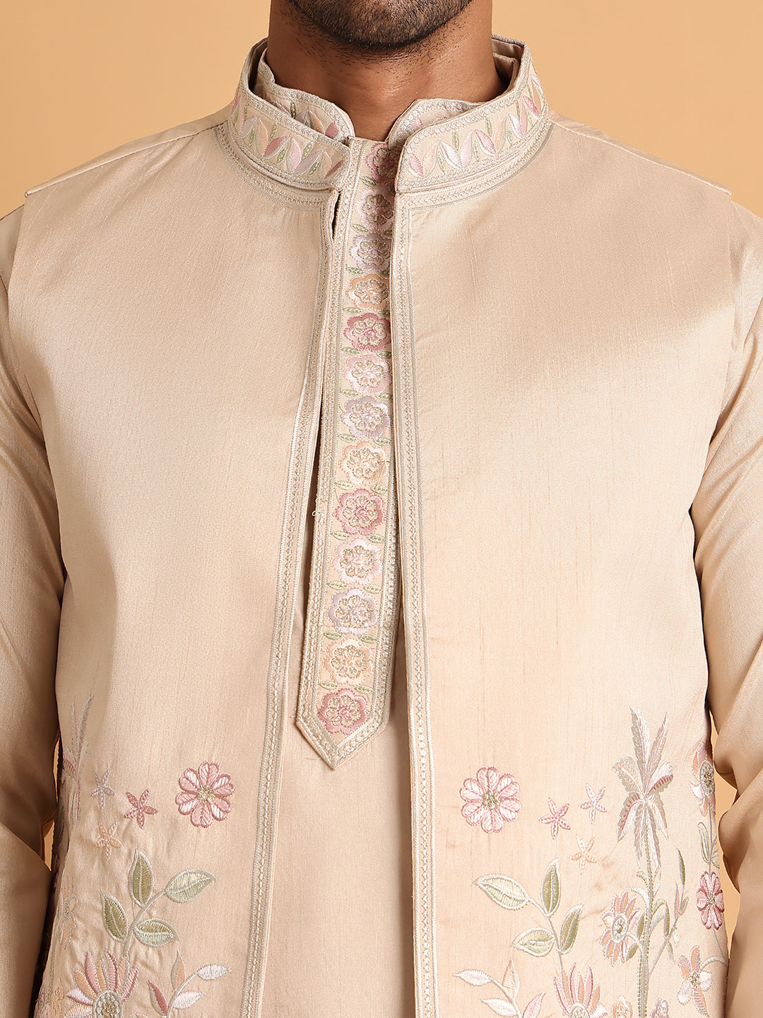 Embroidered Waistcoat and Kurta Pyjama For Men ( JOKPWCS 5115Cream )