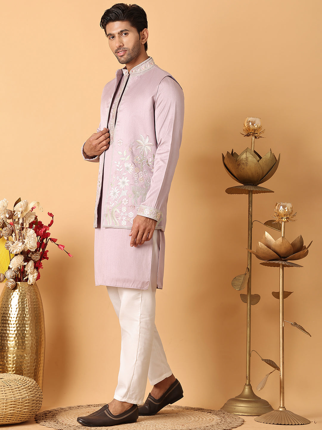 Embroidered Waistcoat and Kurta Pyjama For Men ( JOKPWCS 5115Purple )