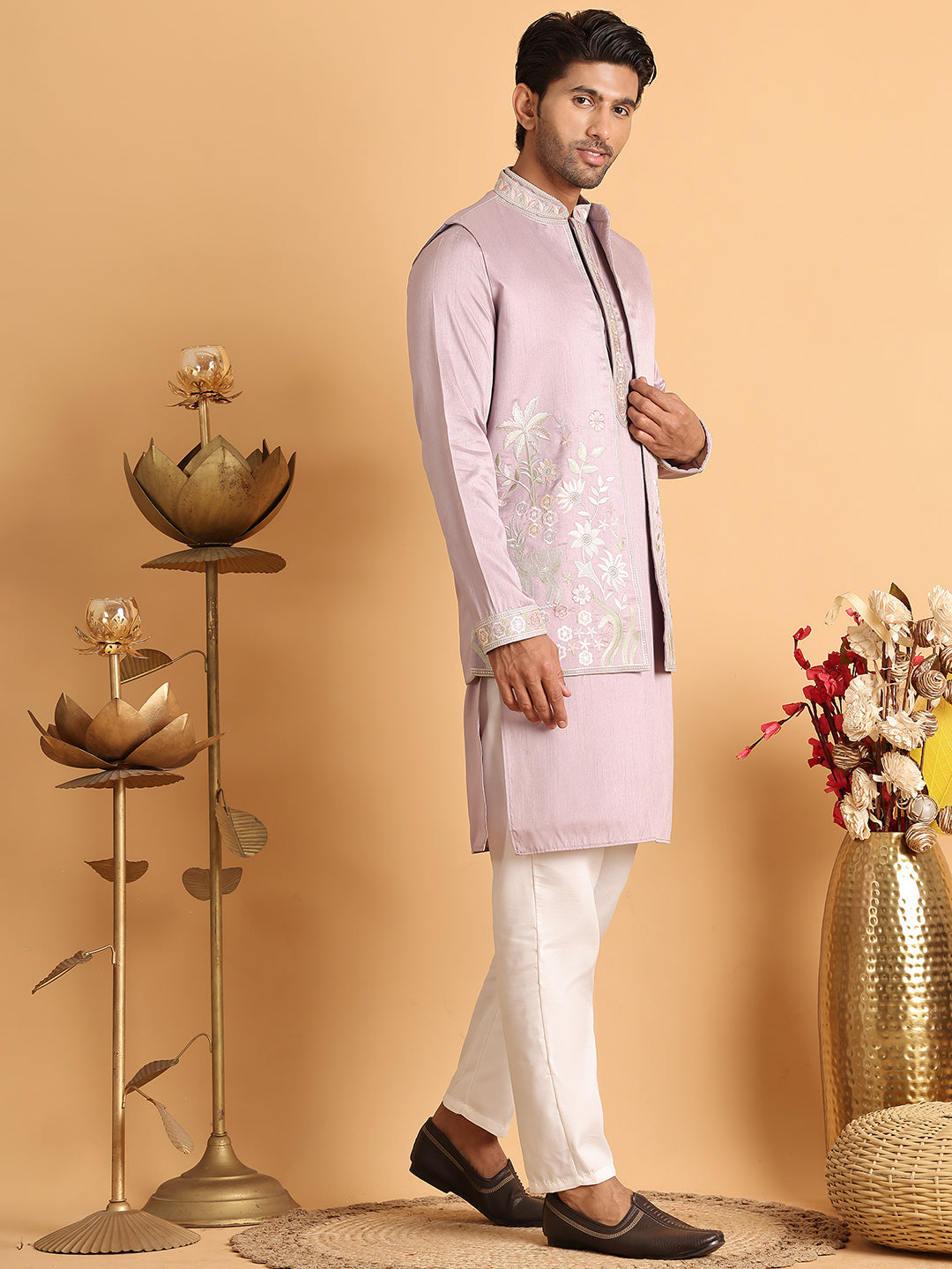 Embroidered Waistcoat and Kurta Pyjama For Men ( JOKPWCS 5115Purple )