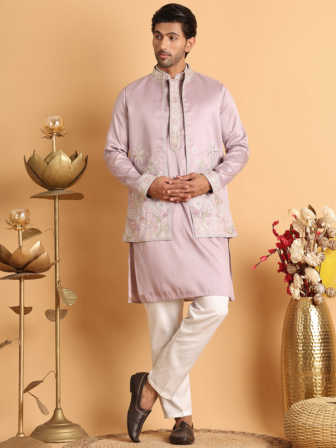 Embroidered Waistcoat and Kurta Pyjama For Men ( JOKPWCS 5115Purple )