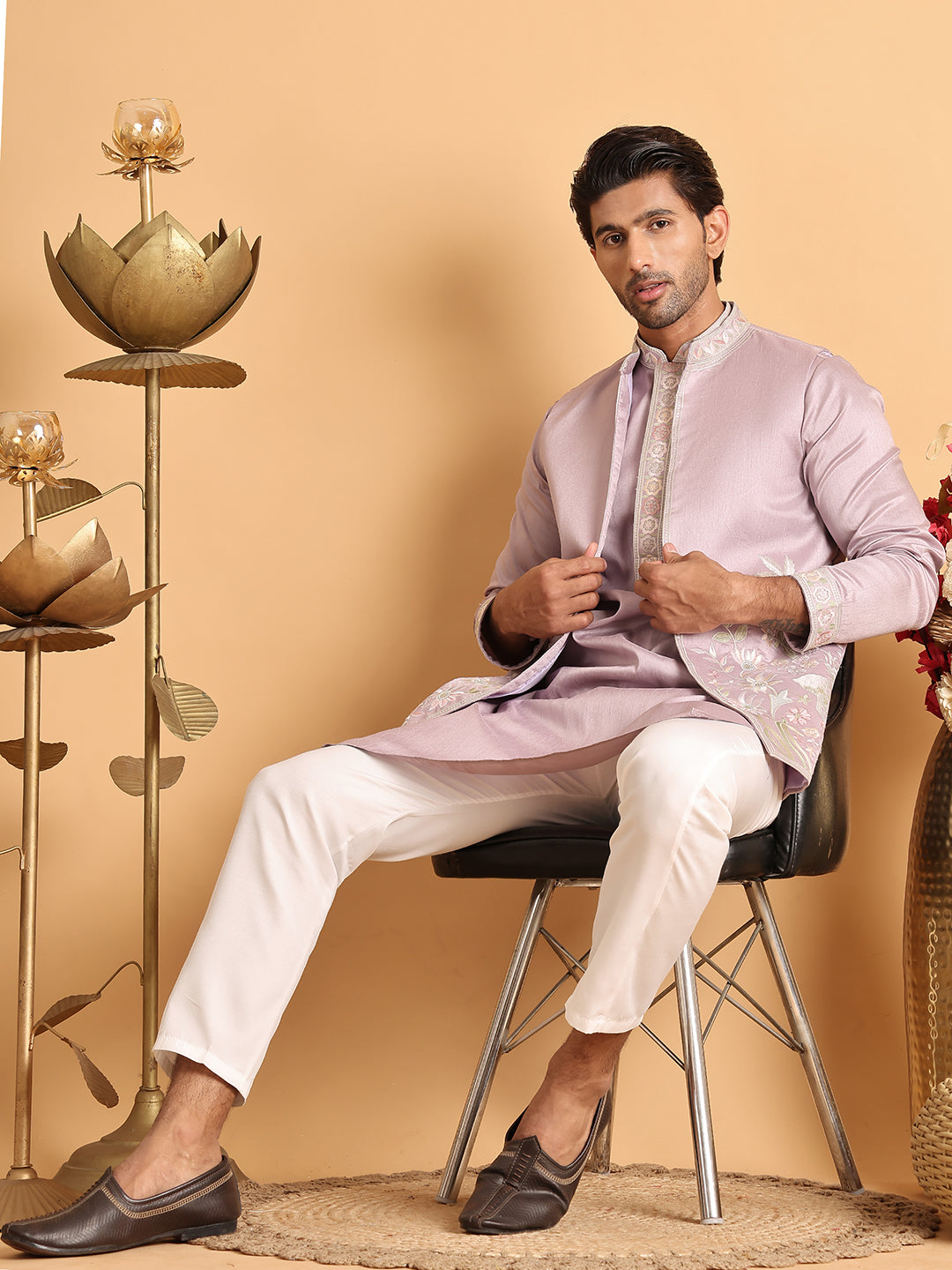 Embroidered Waistcoat and Kurta Pyjama For Men ( JOKPWCS 5115Purple )