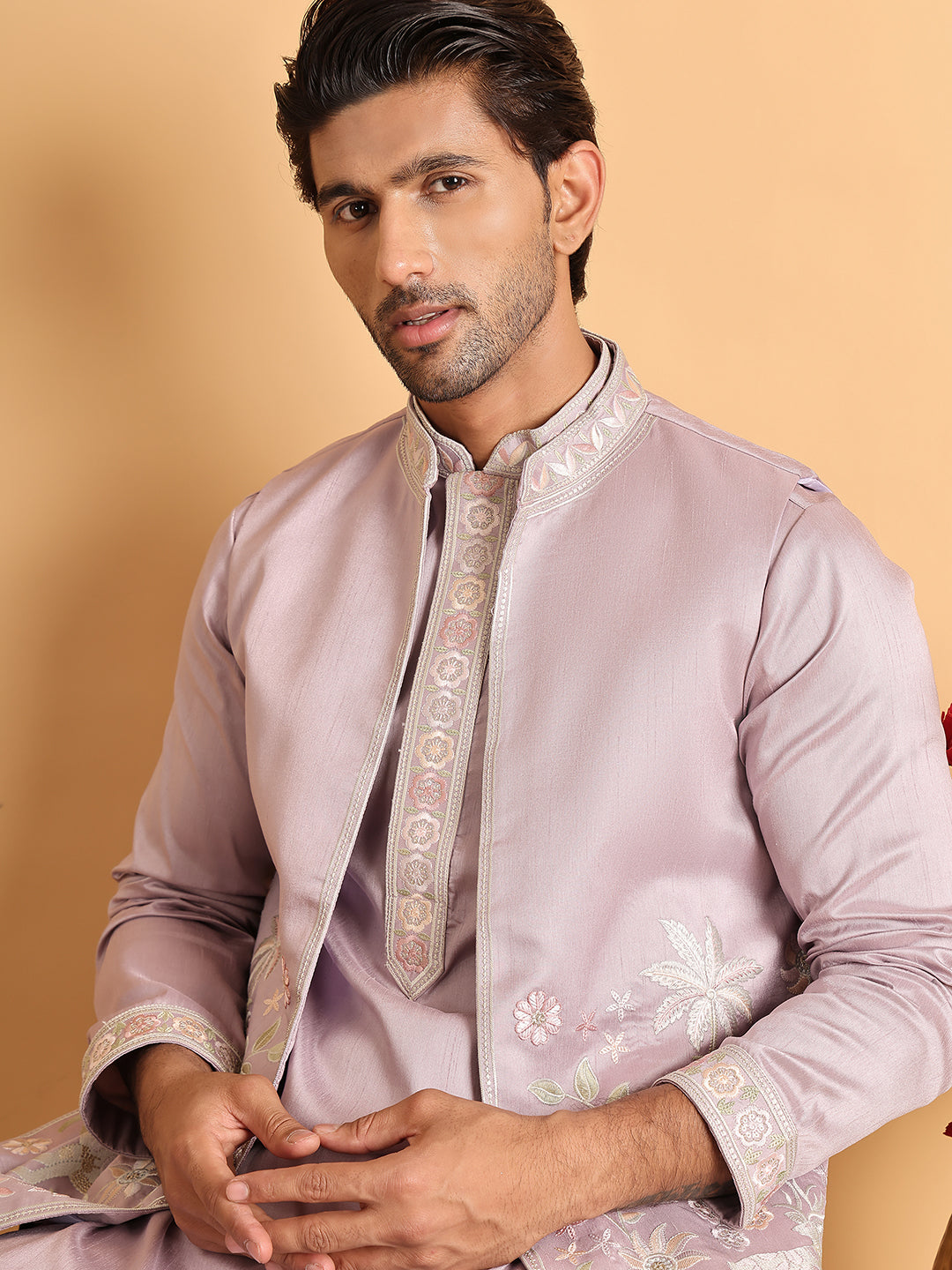 Embroidered Waistcoat and Kurta Pyjama For Men ( JOKPWCS 5115Purple )