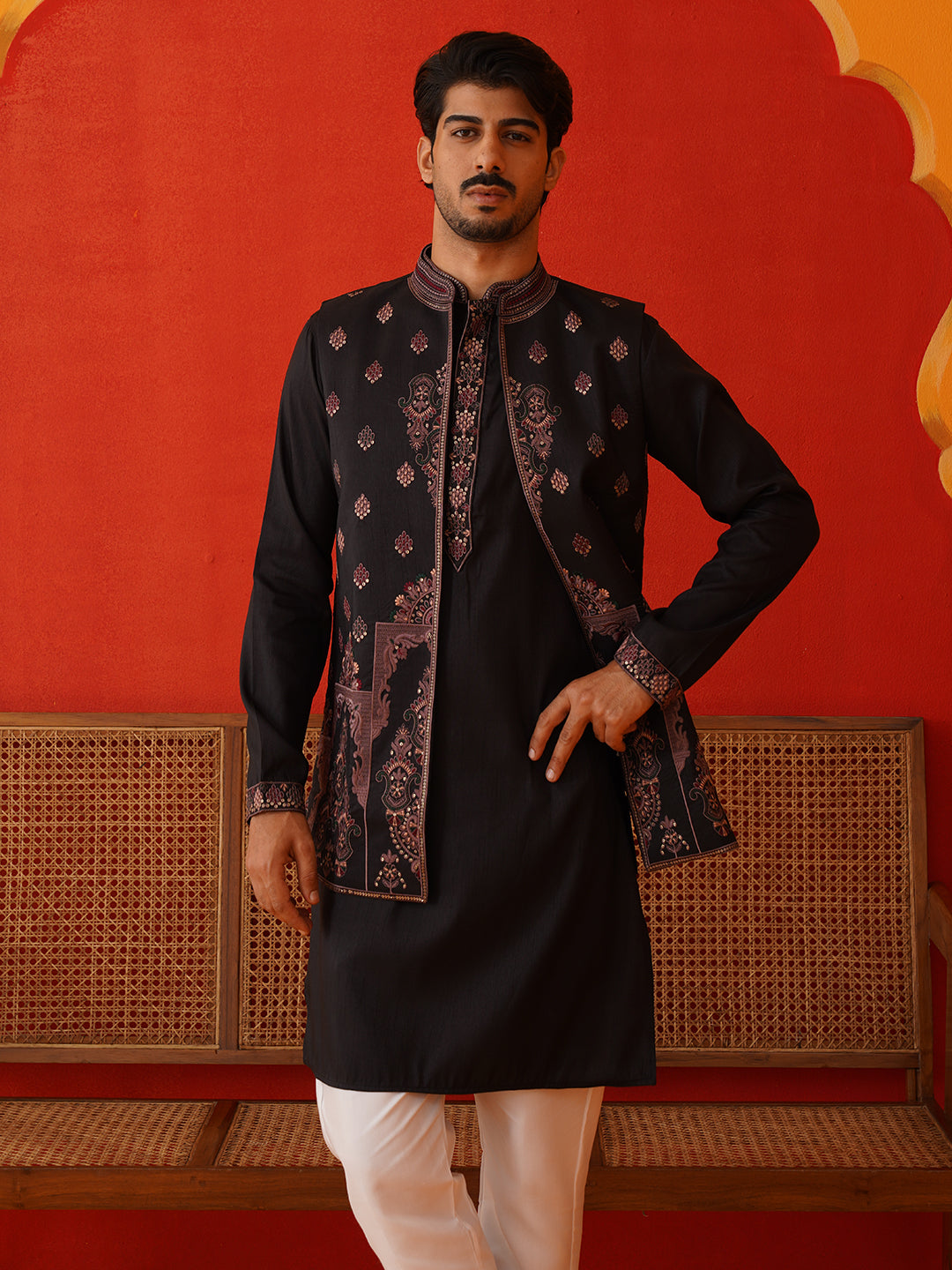 Embroidered Waistcoat & Solid Kurta Pyjama For Men ( JOKPWCS 5139Black )