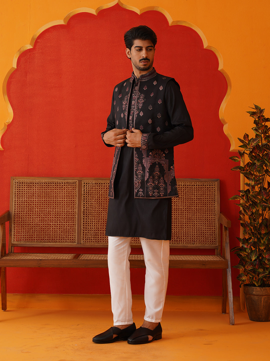 Embroidered Waistcoat & Solid Kurta Pyjama For Men ( JOKPWCS 5139Black )