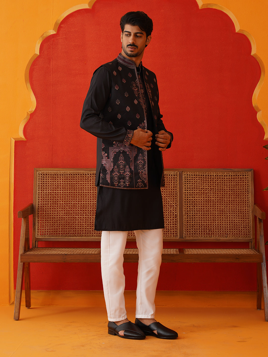 Embroidered Waistcoat & Solid Kurta Pyjama For Men ( JOKPWCS 5139Black )